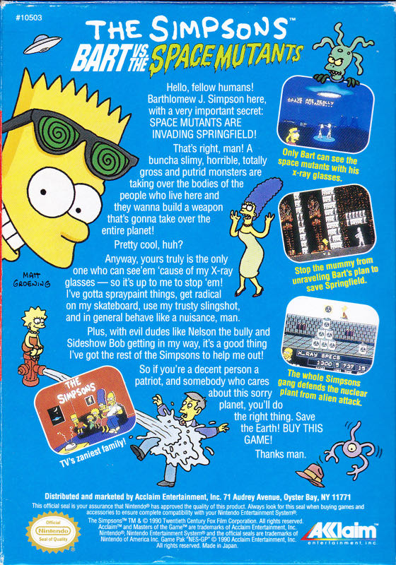 The Simpsons Bart Vs The Space Mutants - Nintendo Entertainment System (NES) (Acclaim Entertainment Inc. - Single) video game collectible - Main Image 3