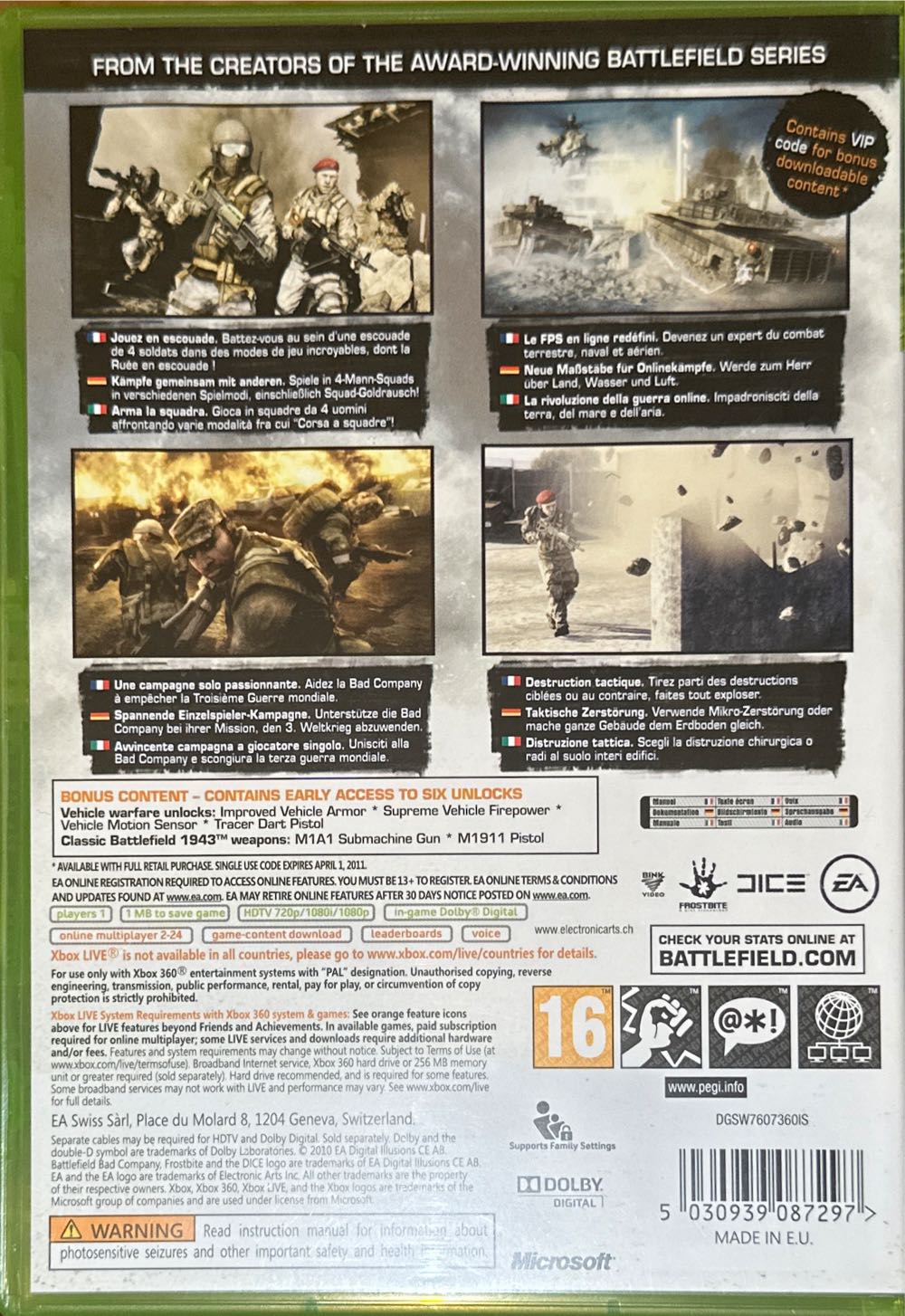BATTLEFIELD BAD COMPANY 2 PEGI Electronic Arts - Microsoft Xbox 360 (1) video game collectible [Barcode 5030939087297] - Main Image 2