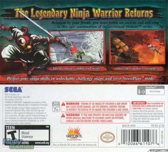 Shinobi - Nintendo 3DS (Sega - 1) video game collectible [Barcode 010086611076] - Main Image 2