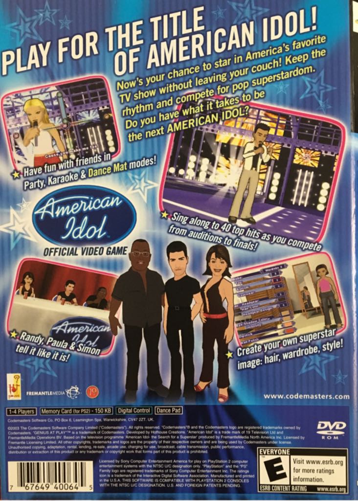 American Idol - Sony PlayStation 2 (PS2) (Codemasters - 2) video game collectible [Barcode 767649400645] - Main Image 2