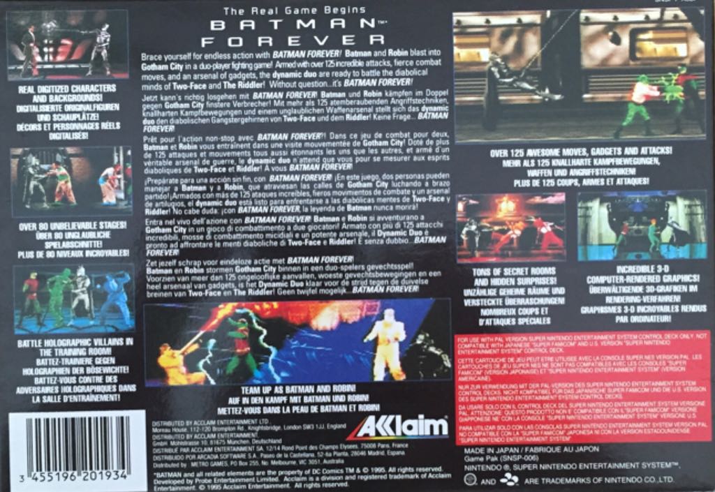 Batman Forever - Nintendo Super Nintendo Entertainment System (SNES) (Acclaim Entertainment - 1-2) video game collectible [Barcode 3455196201934] - Main Image 2