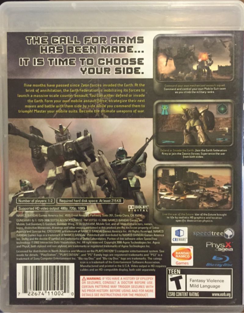 Mobile Suit Gundam: Crossfire - Sony PlayStation 3 (PS3) (Bandai Namco Games - 2) video game collectible [Barcode 722674110020] - Main Image 2