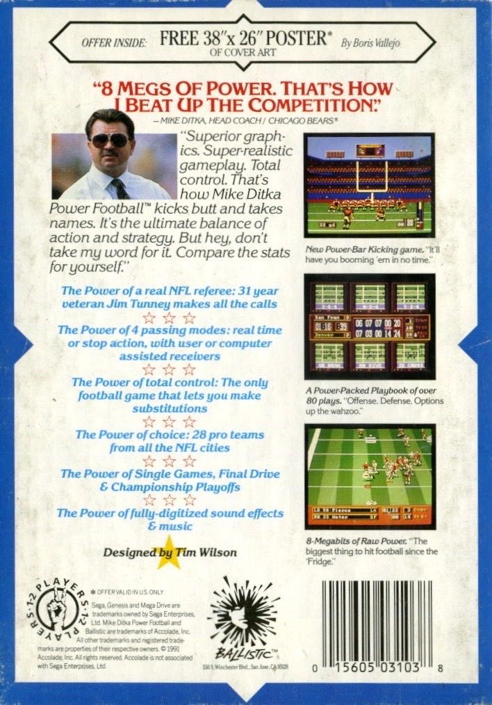 Mike Ditka Power Football (Video Game Classics) - Sega Genesis (Mega Drive) (Ballistic - 1-2) video game collectible [Barcode 015605031038] - Main Image 3