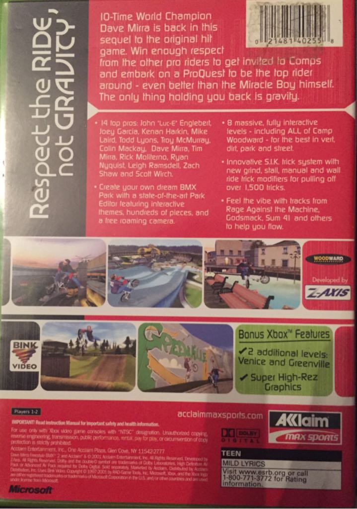 Dave Mirra Freestyle Bmx 2 - Microsoft Xbox (Acclaim Entertainment - 1-2) video game collectible [Barcode 021481402558] - Main Image 2