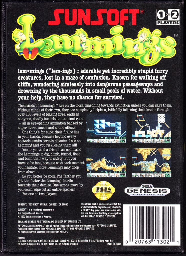 Lemmings - Sega Genesis (Mega Drive) (SunSoft - 1-2) video game collectible [Barcode 020763113021] - Main Image 2