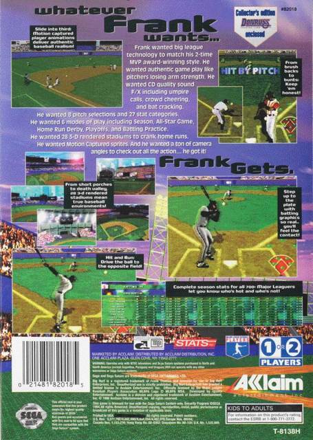 Frank Thomas Big Hurt Baseball - Nintendo Super Nintendo Entertainment System (SNES) (Acclaim - 1-2) video game collectible [Barcode 021481620181] - Main Image 2