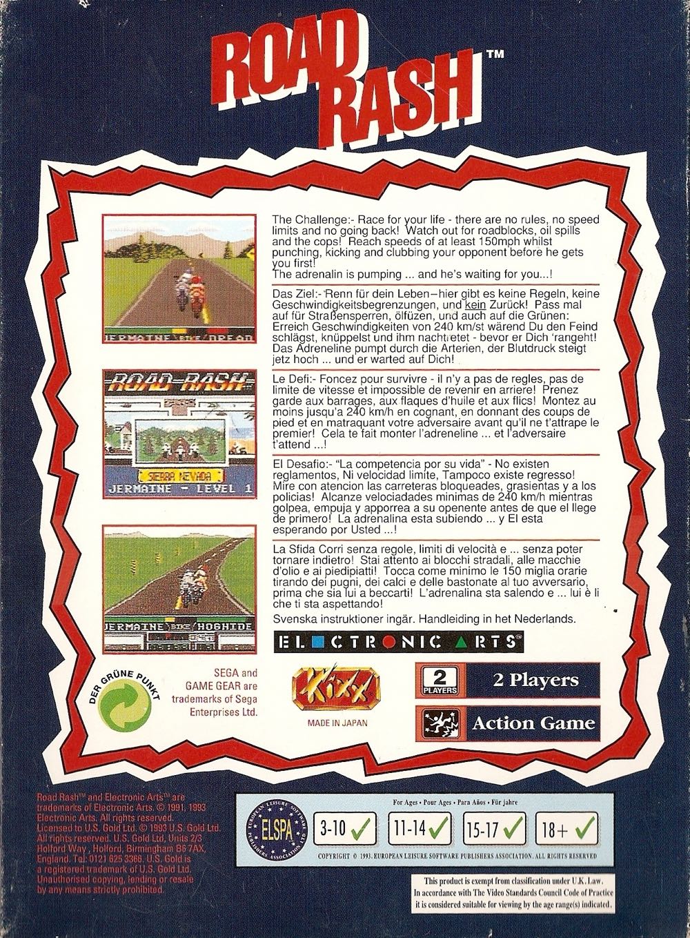 Road Rash - Sega Game Gear (U.S. Gold - 1) video game collectible - Main Image 2