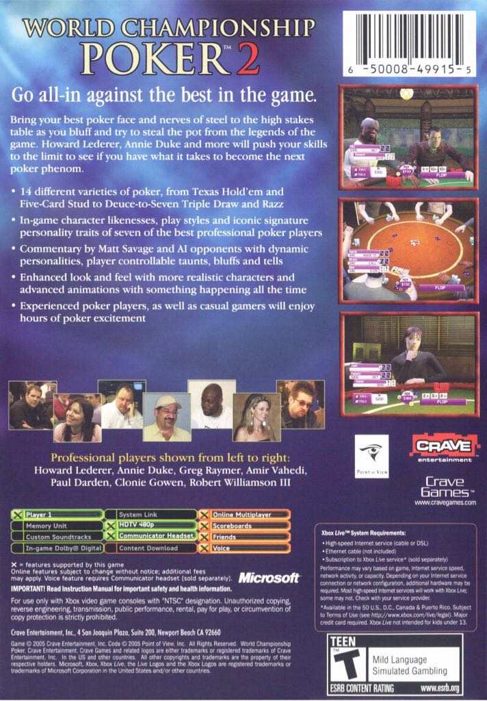 World Championship Poker 2 feat. Howard Lederer - Microsoft Xbox (Crave Entertainment - 1) video game collectible [Barcode 650008499155] - Main Image 2