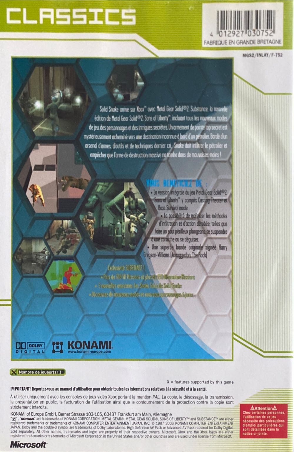 Metal Gear Solid 2 : Substance - Microsoft Xbox (Konami of Europe - 1) video game collectible [Barcode 4012927030752] - Main Image 2