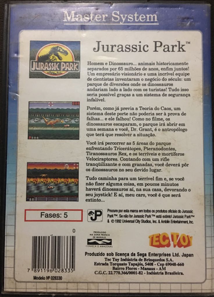 Jurassic Park - Sega Master System (TEC TOY - 1) video game collectible [Barcode 7891196028335] - Main Image 2