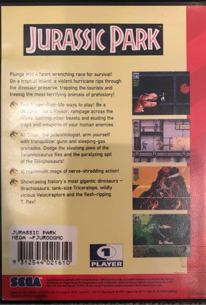 Jurassic Park - Sega Genesis (Mega Drive) video game collectible [Barcode 9312544021610] - Main Image 2