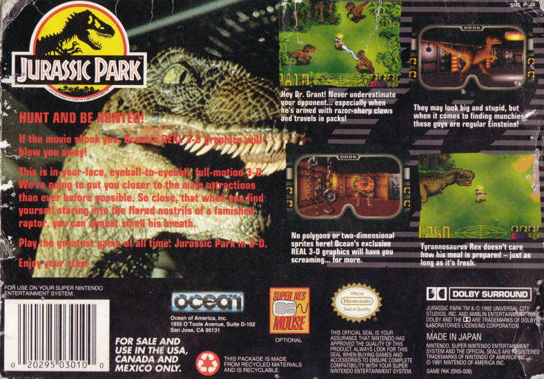 Jurassic Park - Nintendo Super Nintendo Entertainment System (SNES) (Ocean Software - 1) video game collectible - Main Image 2