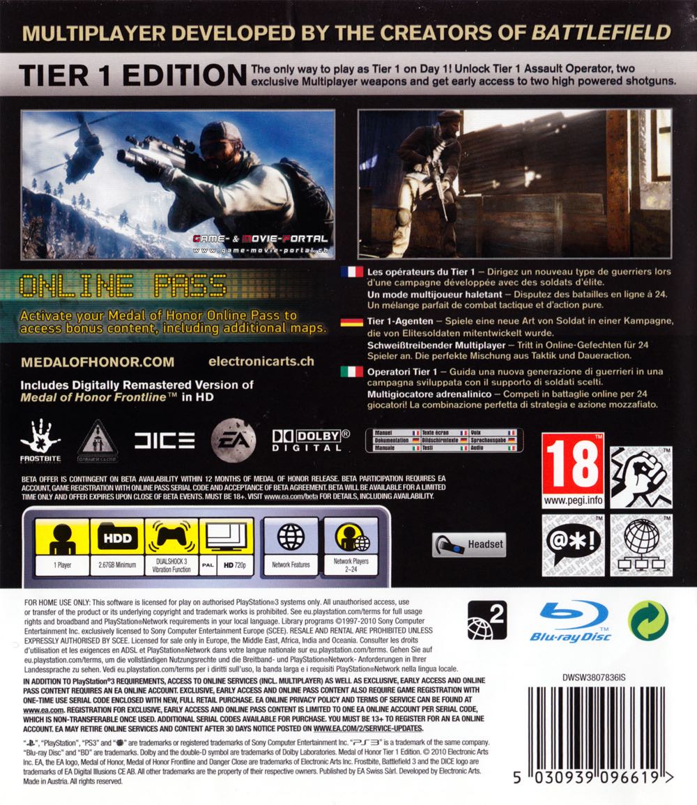 Medal of Honor: Tier 1 Edition - Sony PlayStation 3 (PS3) (EA Swiss - 1) video game collectible [Barcode 5030946096619] - Main Image 2