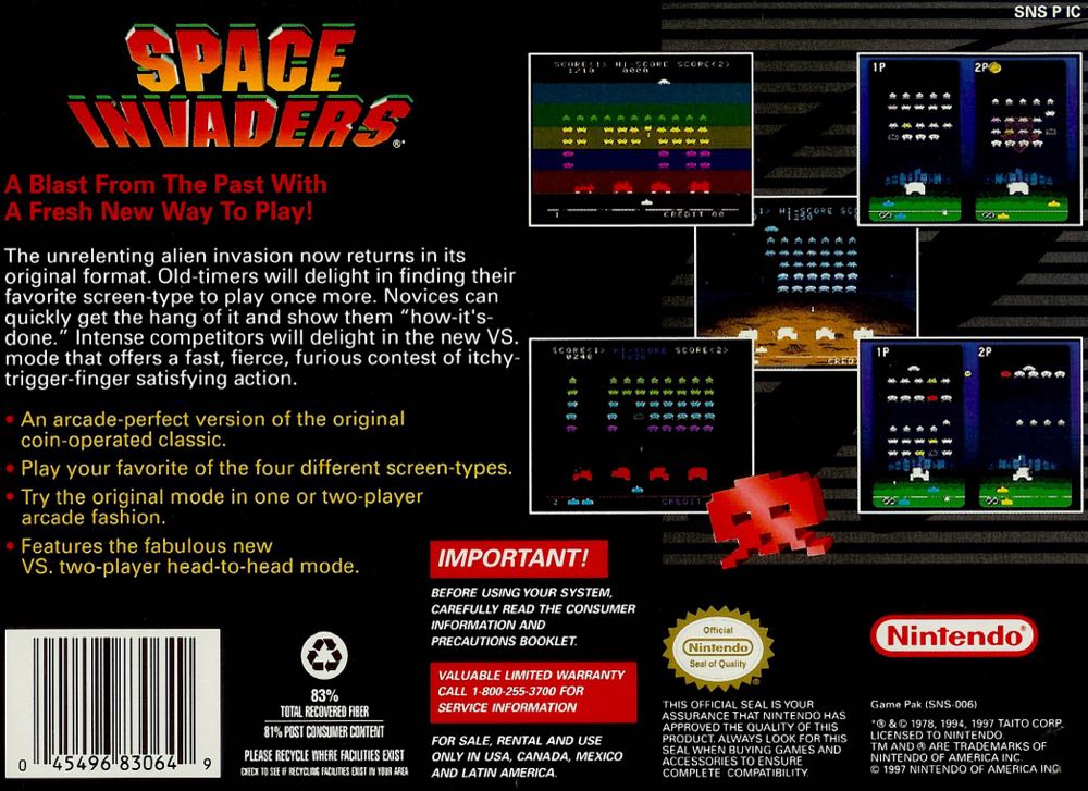 Space Invaders - Nintendo Super Nintendo Entertainment System (SNES) video game collectible - Main Image 2