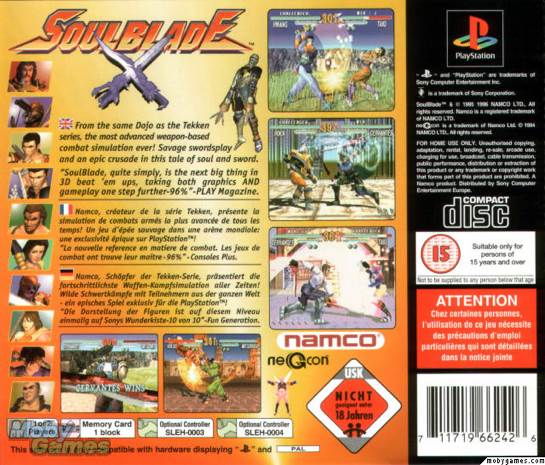 Soul Blade - Sony PlayStation (Namco Europe, Ltd. - 1-2) video game collectible [Barcode 711719662624] - Main Image 2