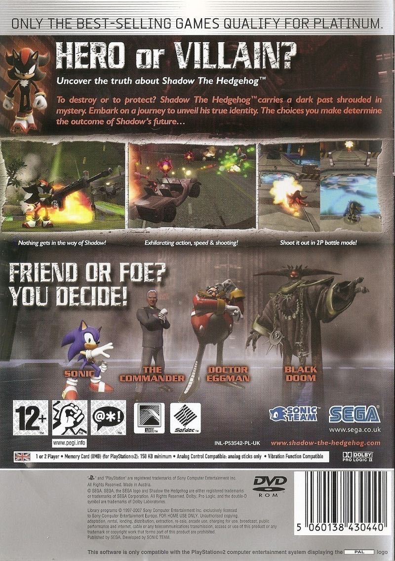 Shadow The Hedgehog - Sony PlayStation 2 (PS2) (1) video game collectible [Barcode 5060138430488] - Main Image 2