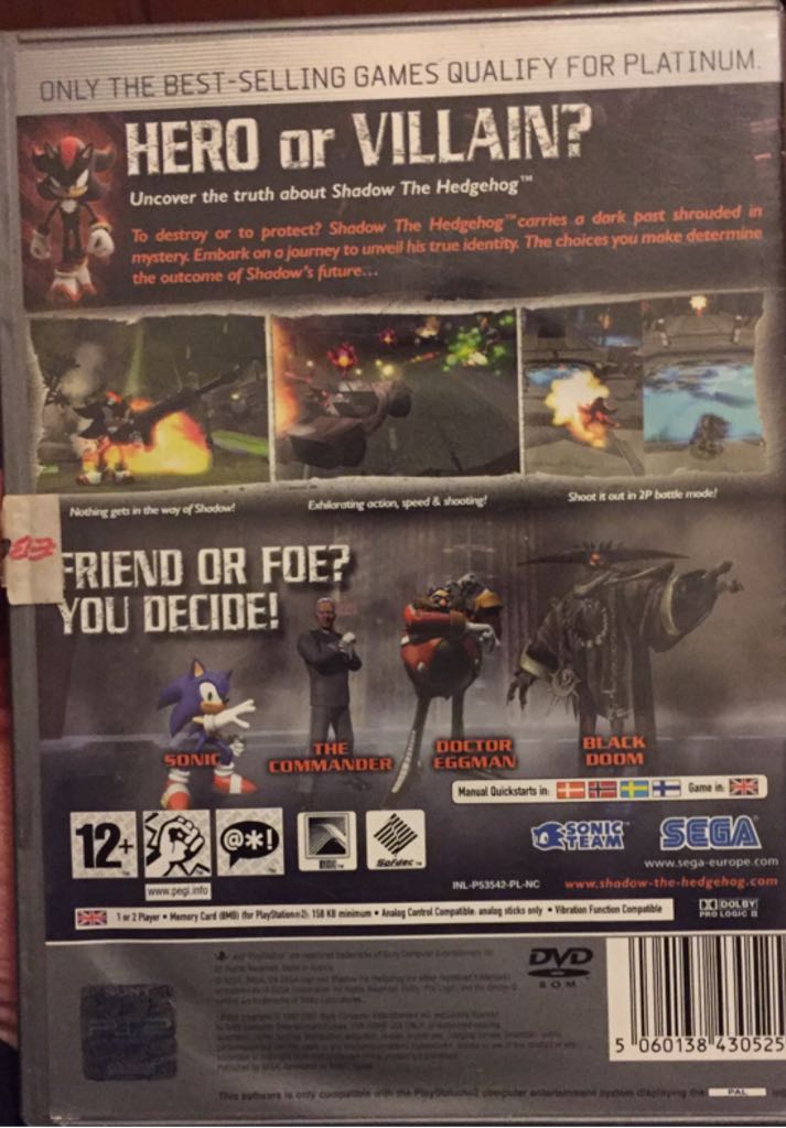 Shadow The Hedgehog - Sony PlayStation 2 (PS2) video game collectible [Barcode 5060138430525] - Main Image 2