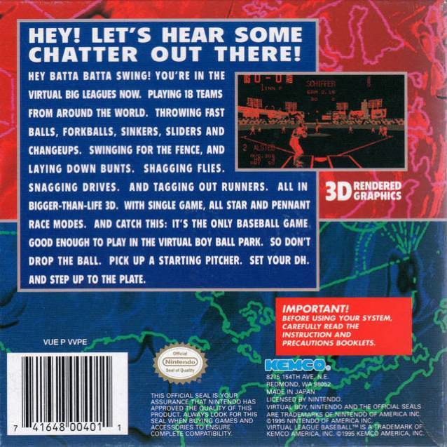 Virtual League Baseball - Nintendo Virtual Boy (Kemco - 1) video game collectible [Barcode 741648004011] - Main Image 2