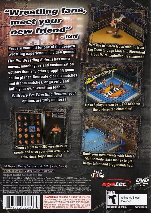 Fire Pro Wrestling Returns - Sony PlayStation 2 (PS2) (Agetec - 2) video game collectible [Barcode 093992092801] - Main Image 2