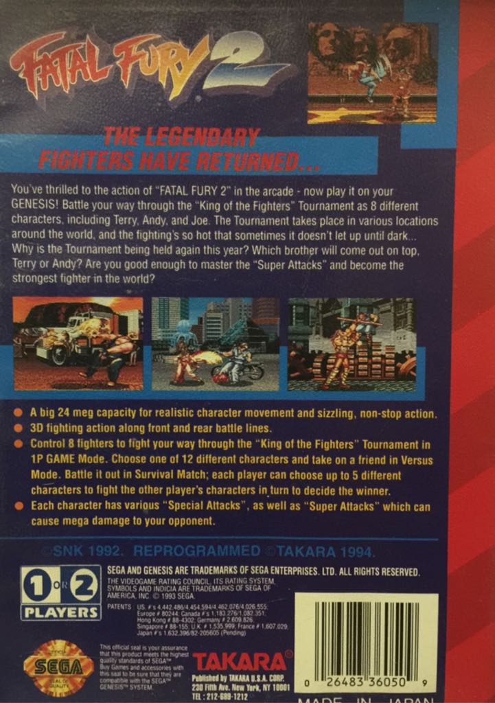 Fatal Fury 2 - Sega Genesis (Mega Drive) (Takara - 1-2) video game collectible - Main Image 2