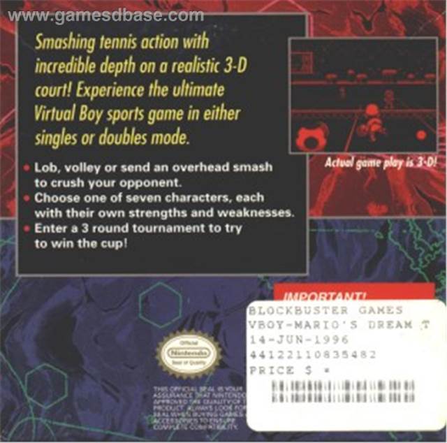 Mario Tennis - Nintendo Virtual Boy (Nintendo) video game collectible - Main Image 2