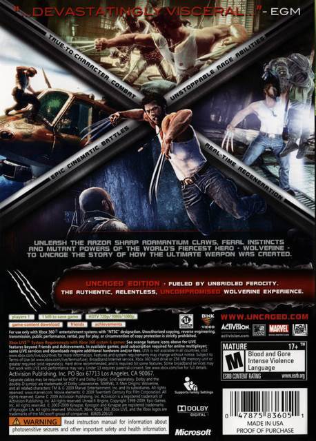 X-Men Origins: Wolverine (Uncaged Edition) - Microsoft Xbox Live (Activision - 1) video game collectible [Barcode 047875836914] - Main Image 2
