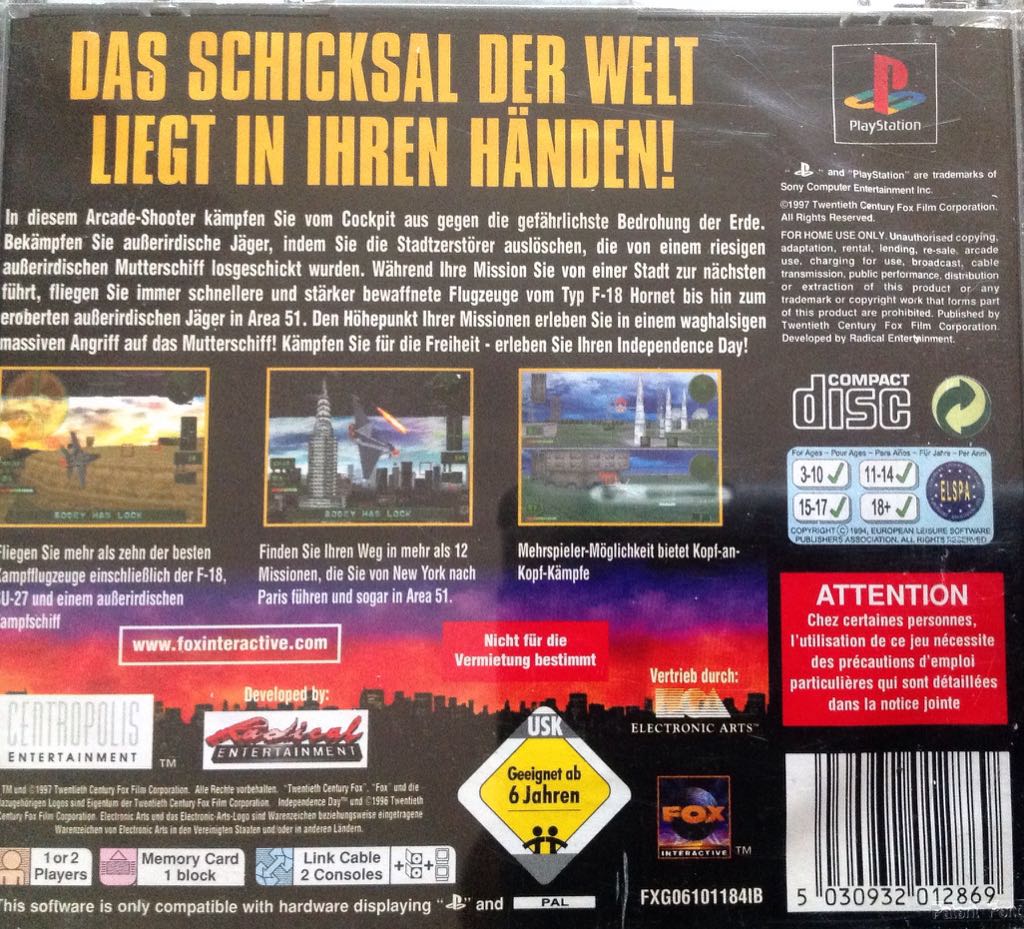 Independence Day - Sony PlayStation (Fox Interactive) video game collectible [Barcode 5030932012869] - Main Image 2