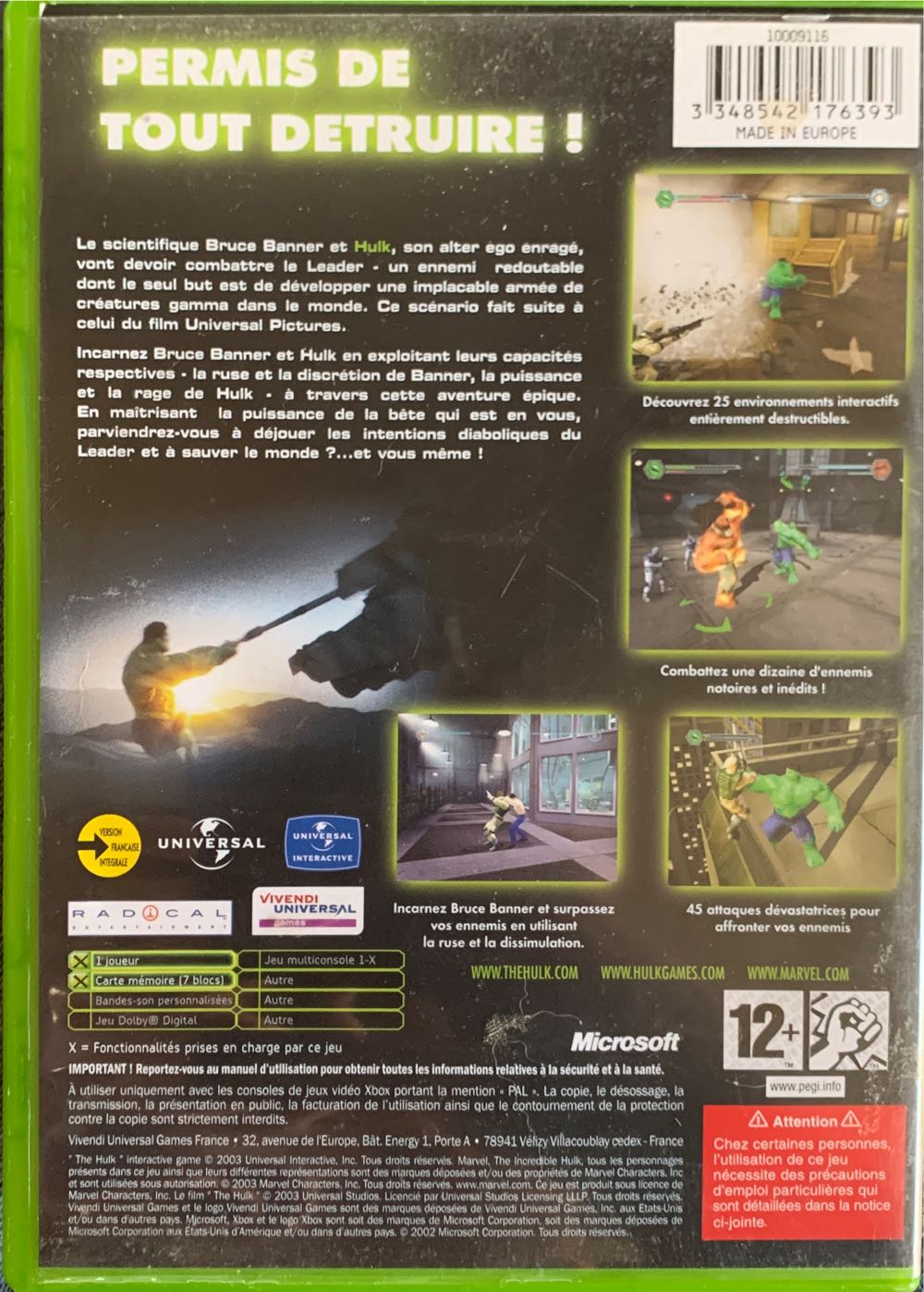 HULK - Microsoft Xbox (1) video game collectible [Barcode 3348542176393] - Main Image 2