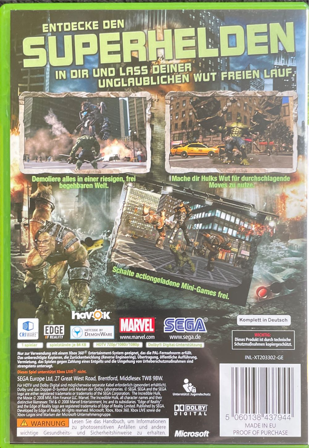 HULK - Microsoft Xbox 360 (Sega - 1) video game collectible [Barcode 5060138437944] - Main Image 2