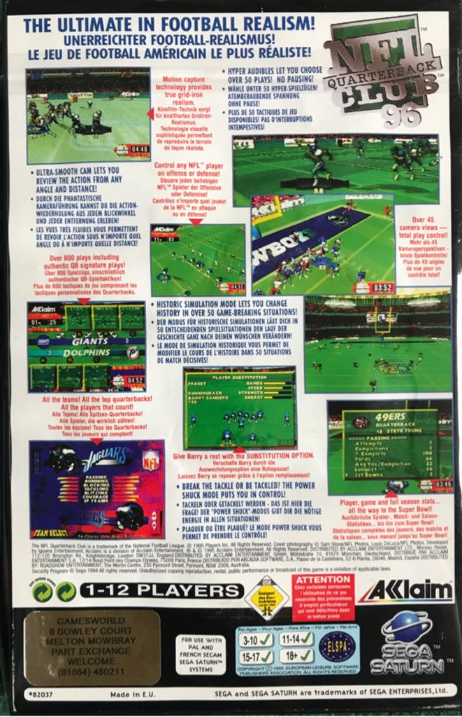 NFL Quarterback Club 96 - Sega Saturn (Acclaim Entertainment - 1-12) video game collectible [Barcode 021481820376] - Main Image 2