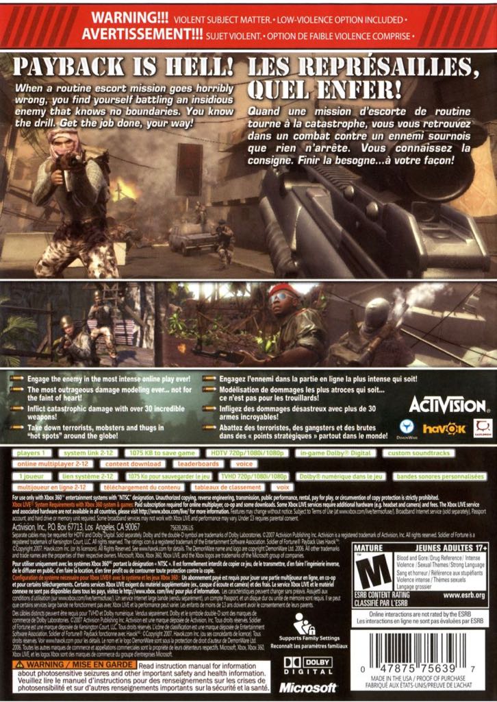 Soldier Of Fortune Payback - Microsoft Xbox 360 (1) video game collectible [Barcode 5030917050664] - Main Image 2
