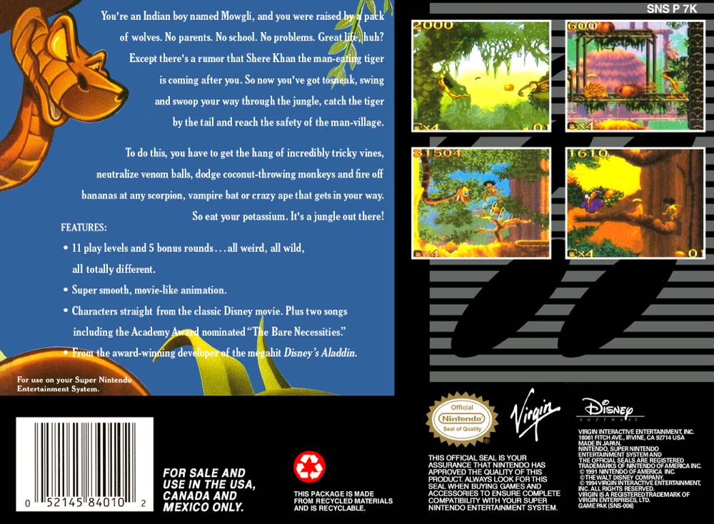 the jungle book - Nintendo Super Nintendo Entertainment System (SNES) (Virgin Games) video game collectible - Main Image 2