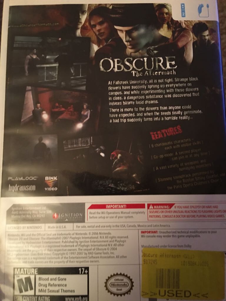 Obscure: The Aftermath - Nintendo Wii video game collectible - Main Image 2