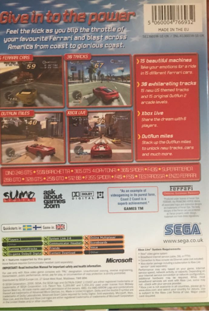 Outrun 2006 Coast 2 Coast - Microsoft Xbox (Sega - 1) video game collectible [Barcode 5060004766932] - Main Image 2