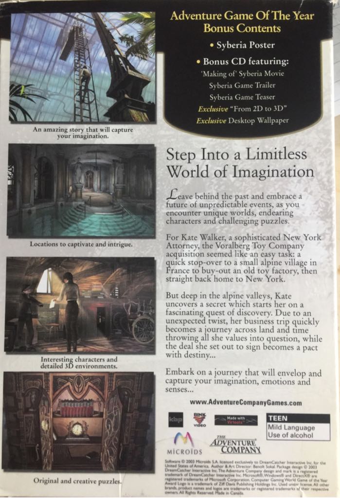 Syberia - PC (The Adventure Company) video game collectible [Barcode 625904379504] - Main Image 2