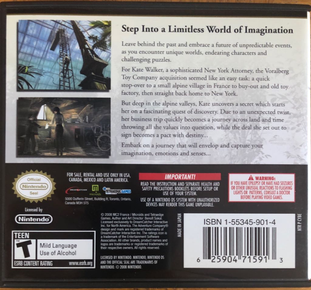 Syberia NDS 11.0 - Nintendo DS (The Adventure Company - 1) video game collectible [Barcode 625904715913] - Main Image 2