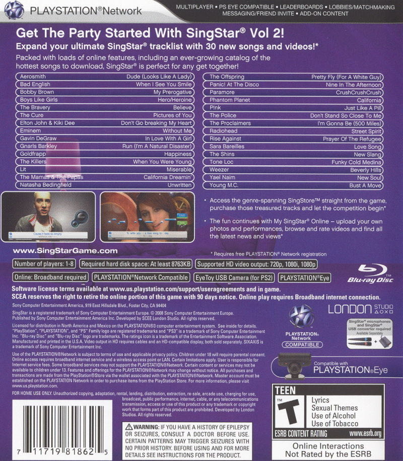 SingStar Vol. 2 - Sony PlayStation 3 (PS3) (Sony Computer Entertainment - 8) video game collectible [Barcode 711719967859] - Main Image 2