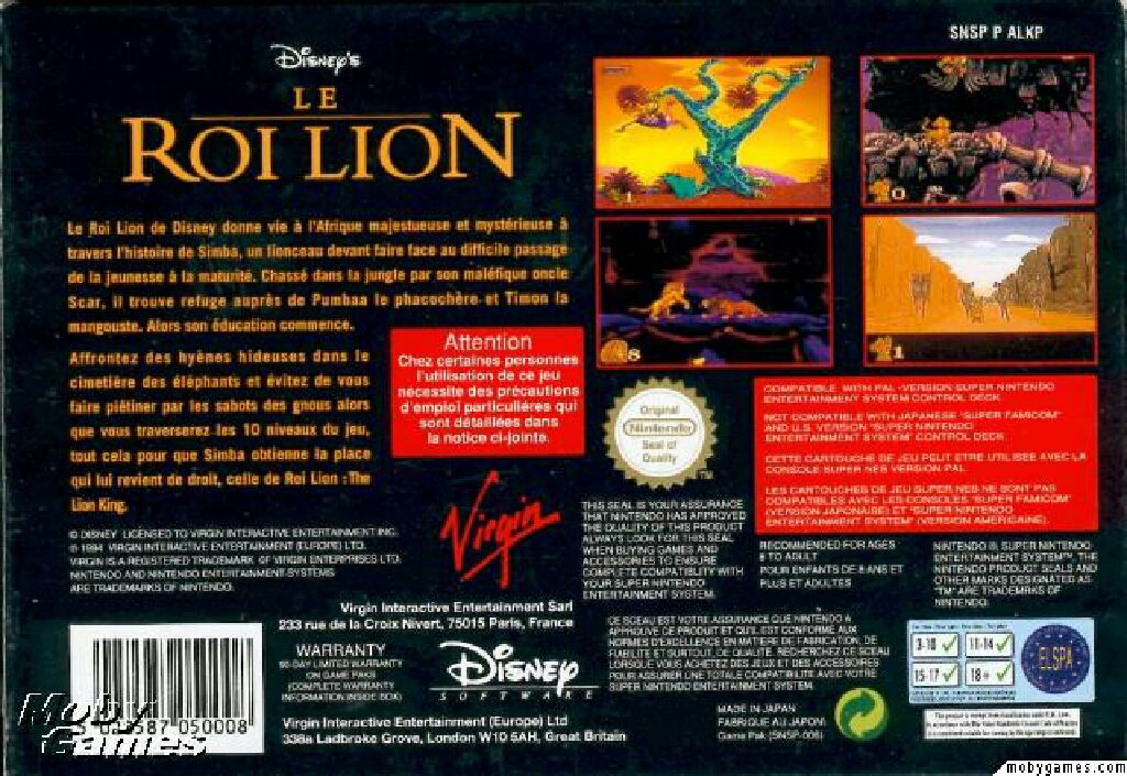 The Lion King  - Nintendo Super Nintendo Entertainment System (SNES) video game collectible - Main Image 2