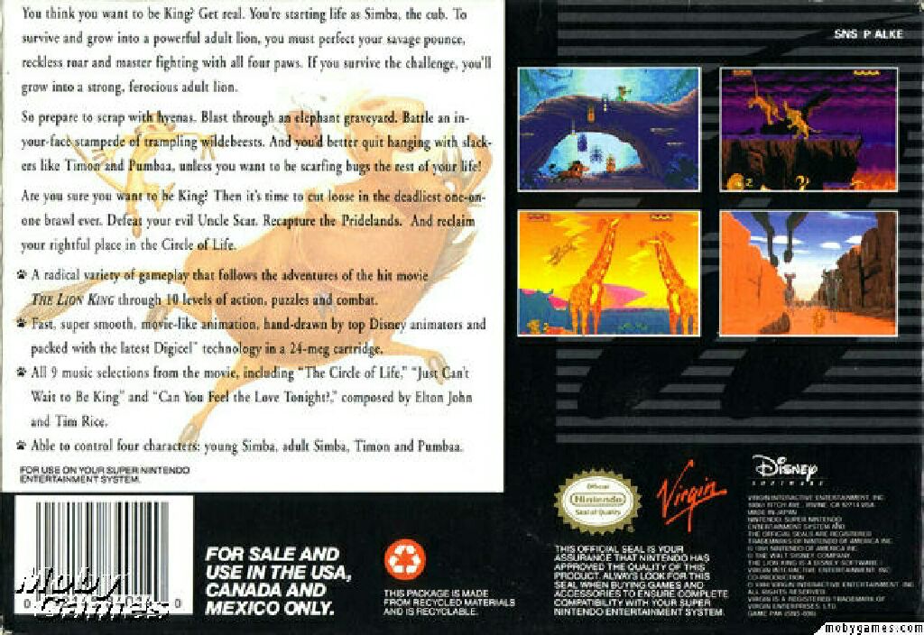 The Lion King  - Nintendo Super Nintendo Entertainment System (SNES) (Virgin Interactive - 1) video game collectible - Main Image 2