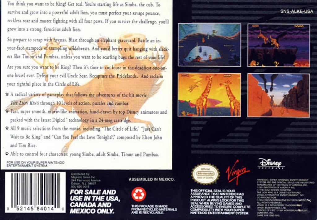 The Lion King - Nintendo Super Nintendo Entertainment System (SNES) (Virgin Interactive - 1) video game collectible - Main Image 2