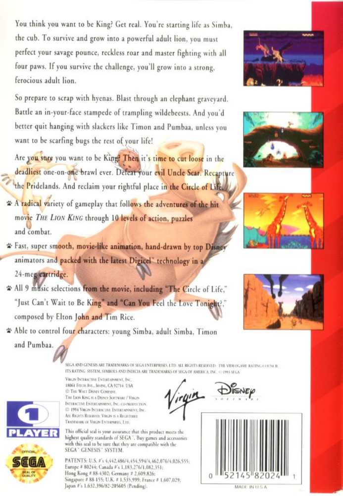 The Lion King  - Sega Genesis (Mega Drive) (Virgin Games USA - 1) video game collectible - Main Image 2