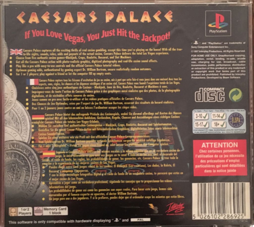 Caesars Palace I - Sony PlayStation (2) video game collectible [Barcode 5026102286925] - Main Image 2