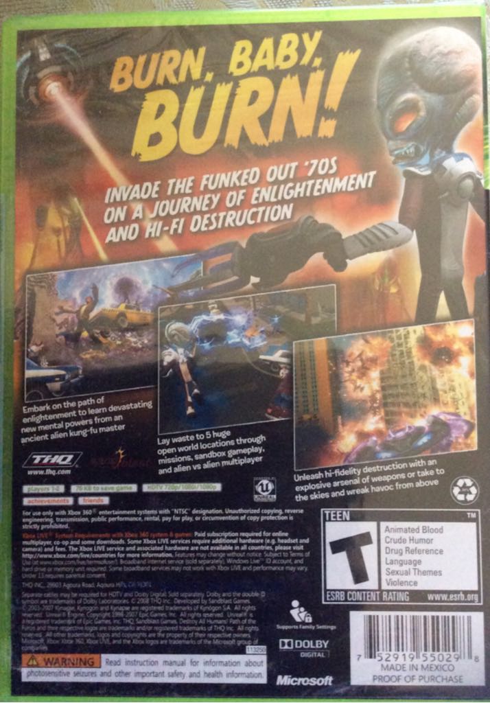 Destroy All Humans!: Path Of The Furon - Microsoft Xbox 360 (THQ - 1) video game collectible [Barcode 752919550298] - Main Image 2