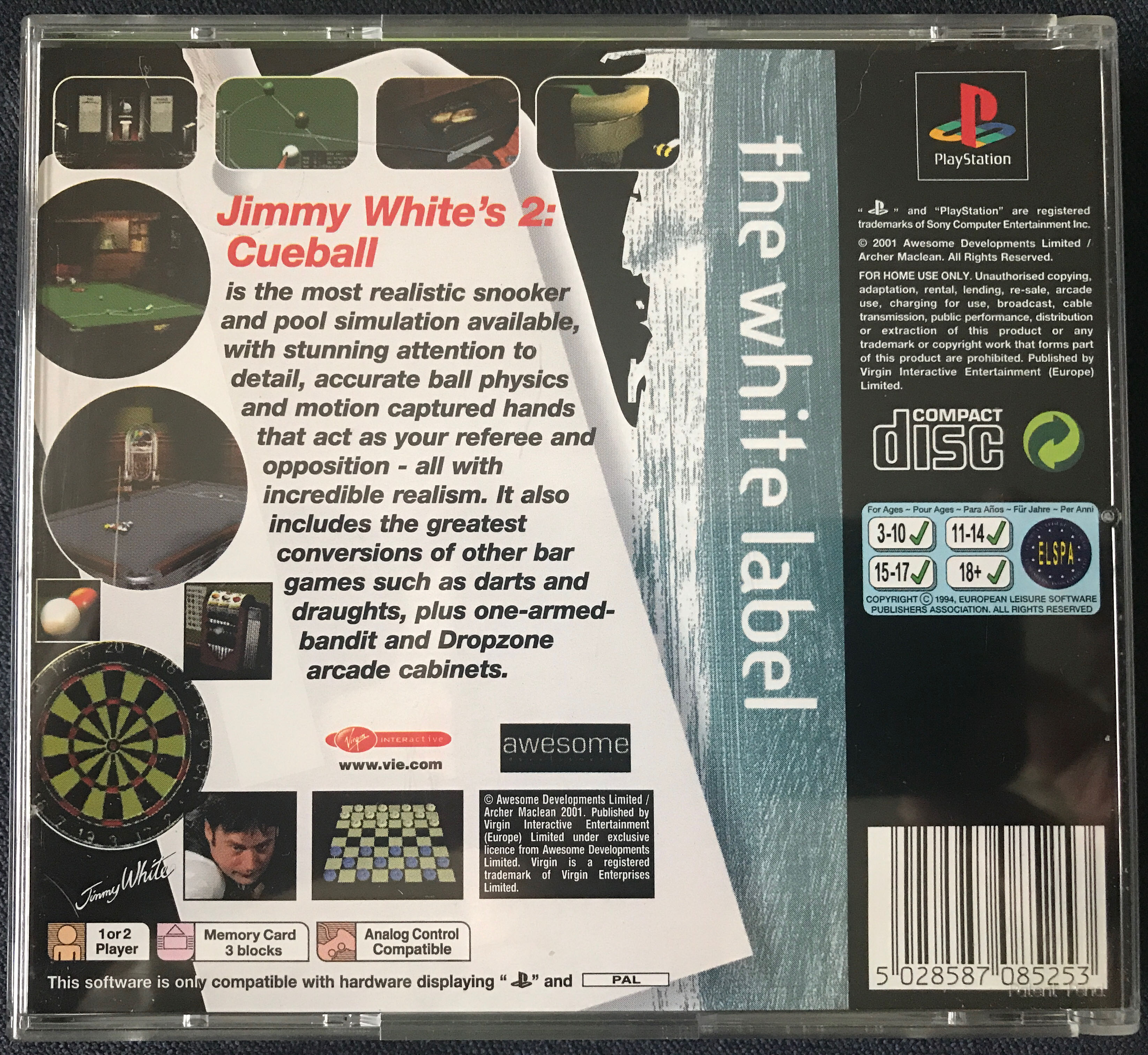 Jimmy White 2 Cueball - Sony PlayStation (Virgin Interactive - 1-2) video game collectible [Barcode 5028587085253] - Main Image 2