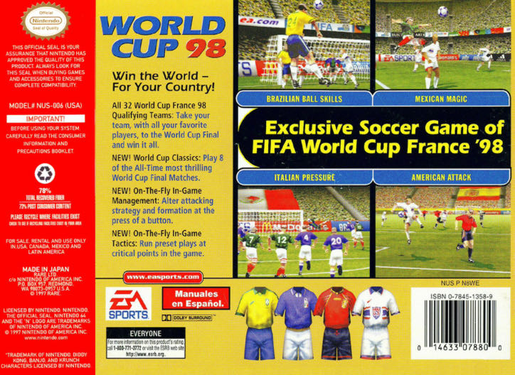 World Cup 98 - Nintendo 64 (N64) (Ea Sports - 1-4) video game collectible [Barcode 014633078800] - Main Image 2