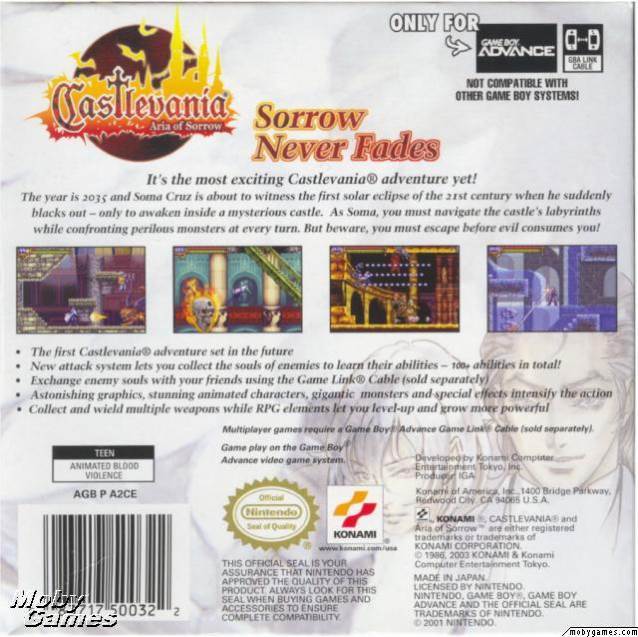 Castlevania: Aria Of Sorrow (Cart Only) - Nintendo Game Boy Advance (GBA) (Konami - 1) video game collectible [Barcode 083717500322] - Main Image 2