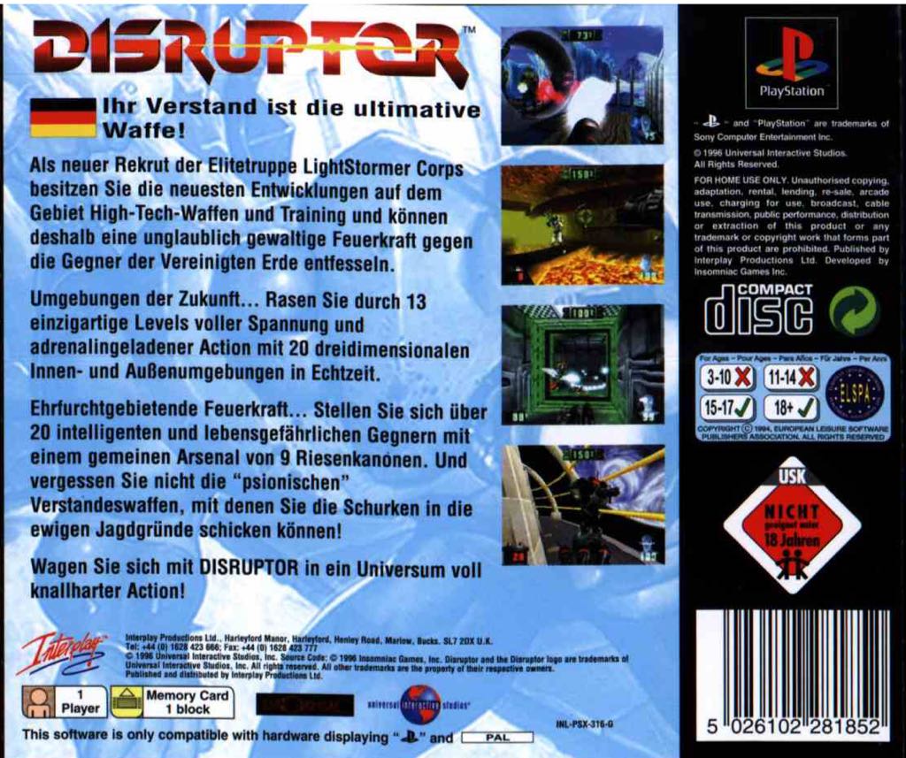 Disruptor - Sony PlayStation (Interplay - 1) video game collectible [Barcode 5026102280855] - Main Image 2