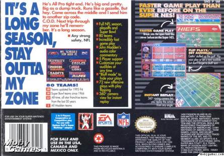 Madden NFL 94 - Nintendo Super Nintendo Entertainment System (SNES) (Electronic Arts/EA Games - 2) video game collectible [Barcode 014633072525] - Main Image 2