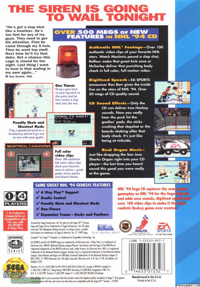 NHL 94 - Sega CD (Electronic Arts/EA Games - 4) video game collectible [Barcode 014633072327] - Main Image 2