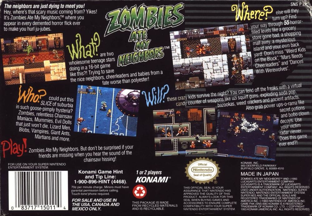 Zombies Ate My Neighbors - Nintendo Super Nintendo Entertainment System (SNES) (Konami) video game collectible - Main Image 2
